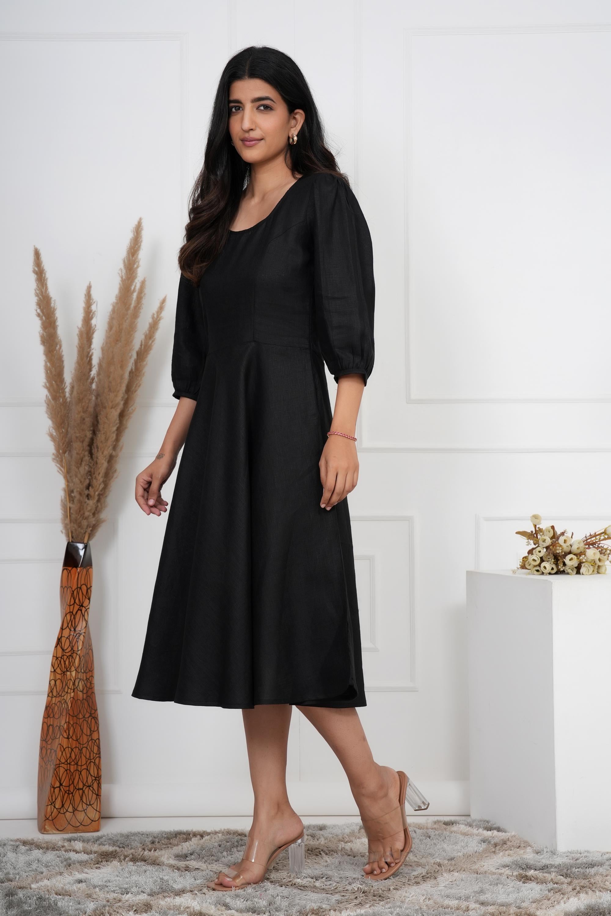 Black Linen Midi Dress, Breathable Summer Clothing, Minimalist, Boho Tunic, Hippie