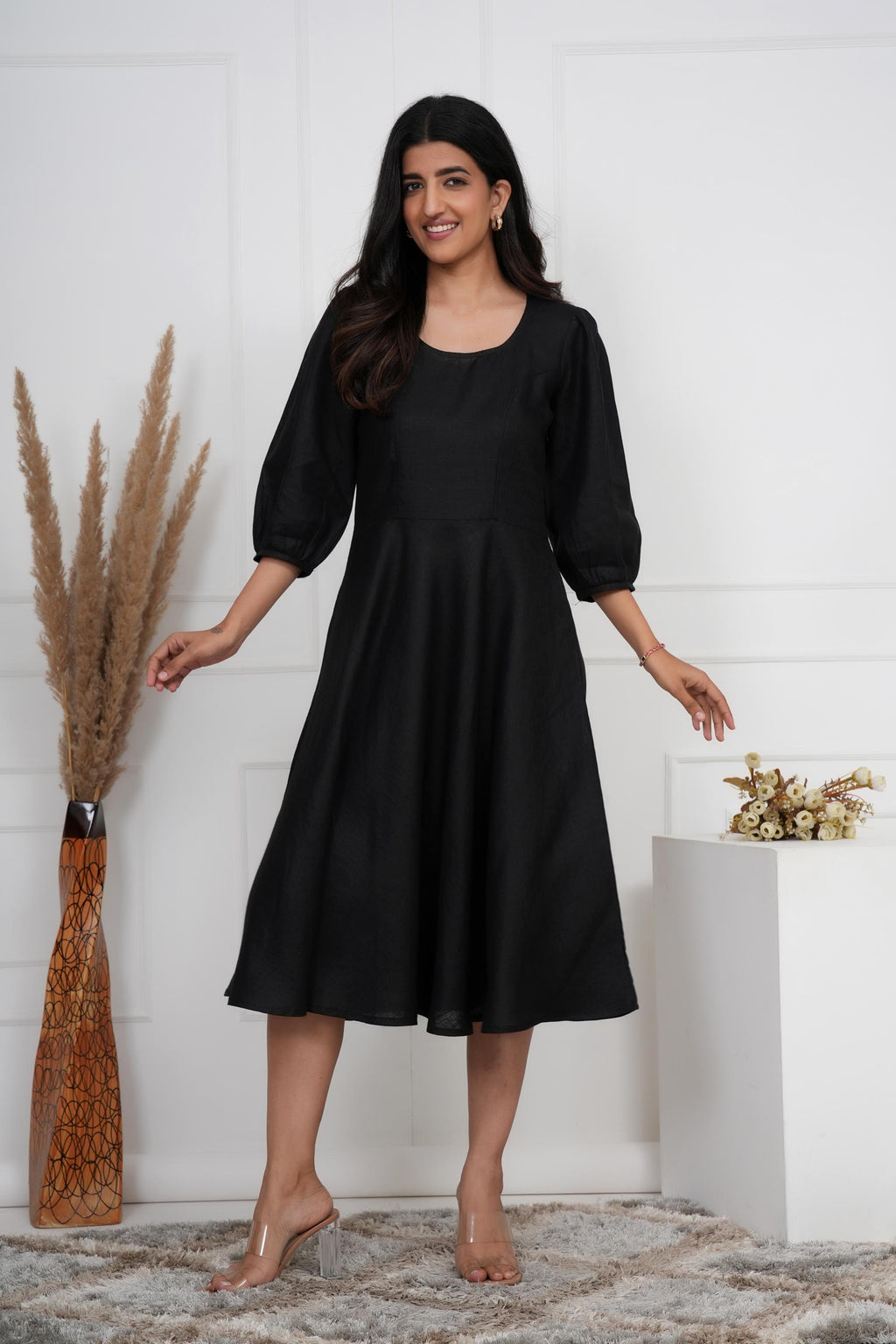 Black Linen Midi Dress, Breathable Summer Clothing, Minimalist, Boho Tunic, Hippie