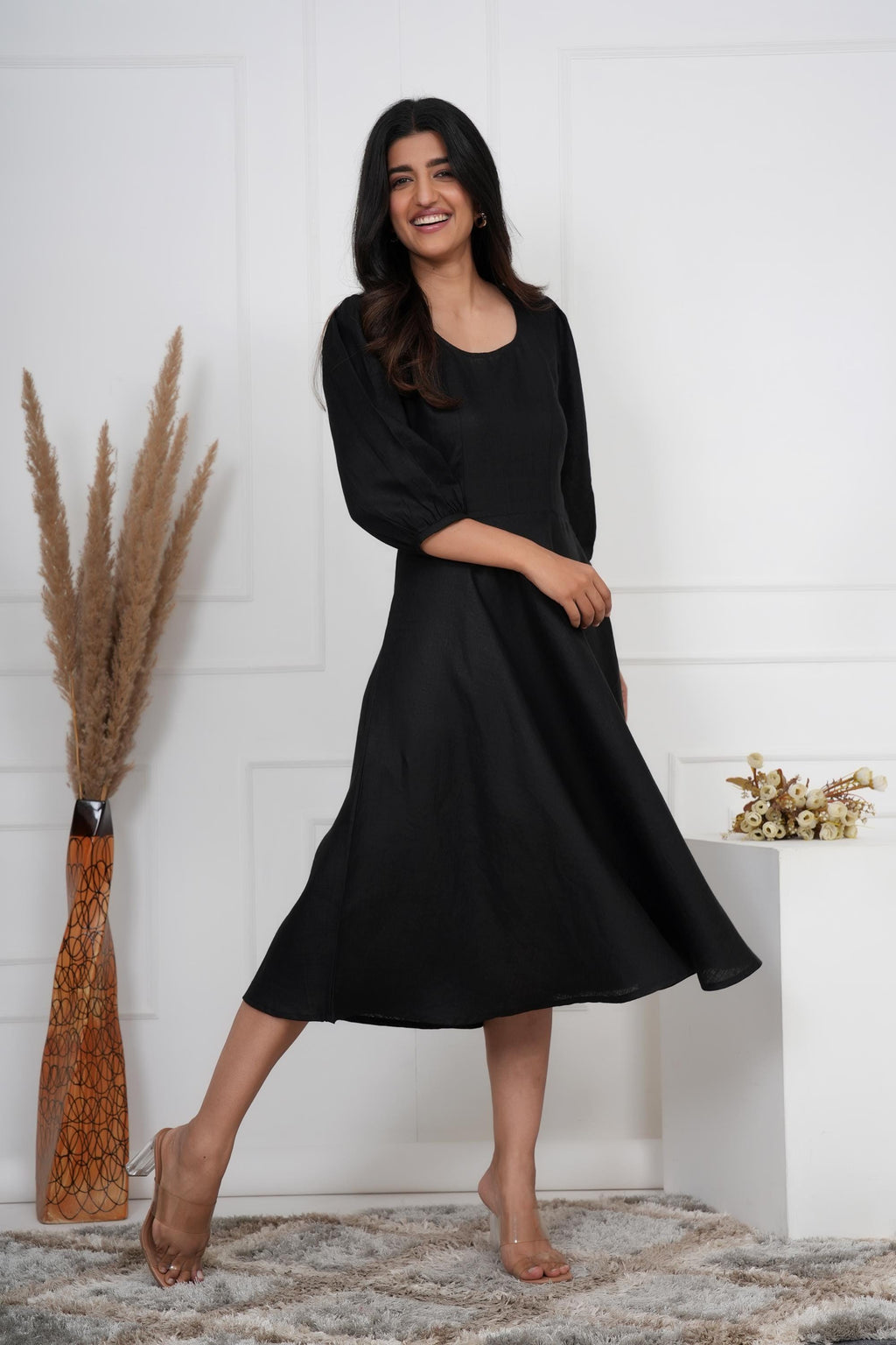 Black Linen Midi Dress, Breathable Summer Clothing, Minimalist, Boho Tunic, Hippie