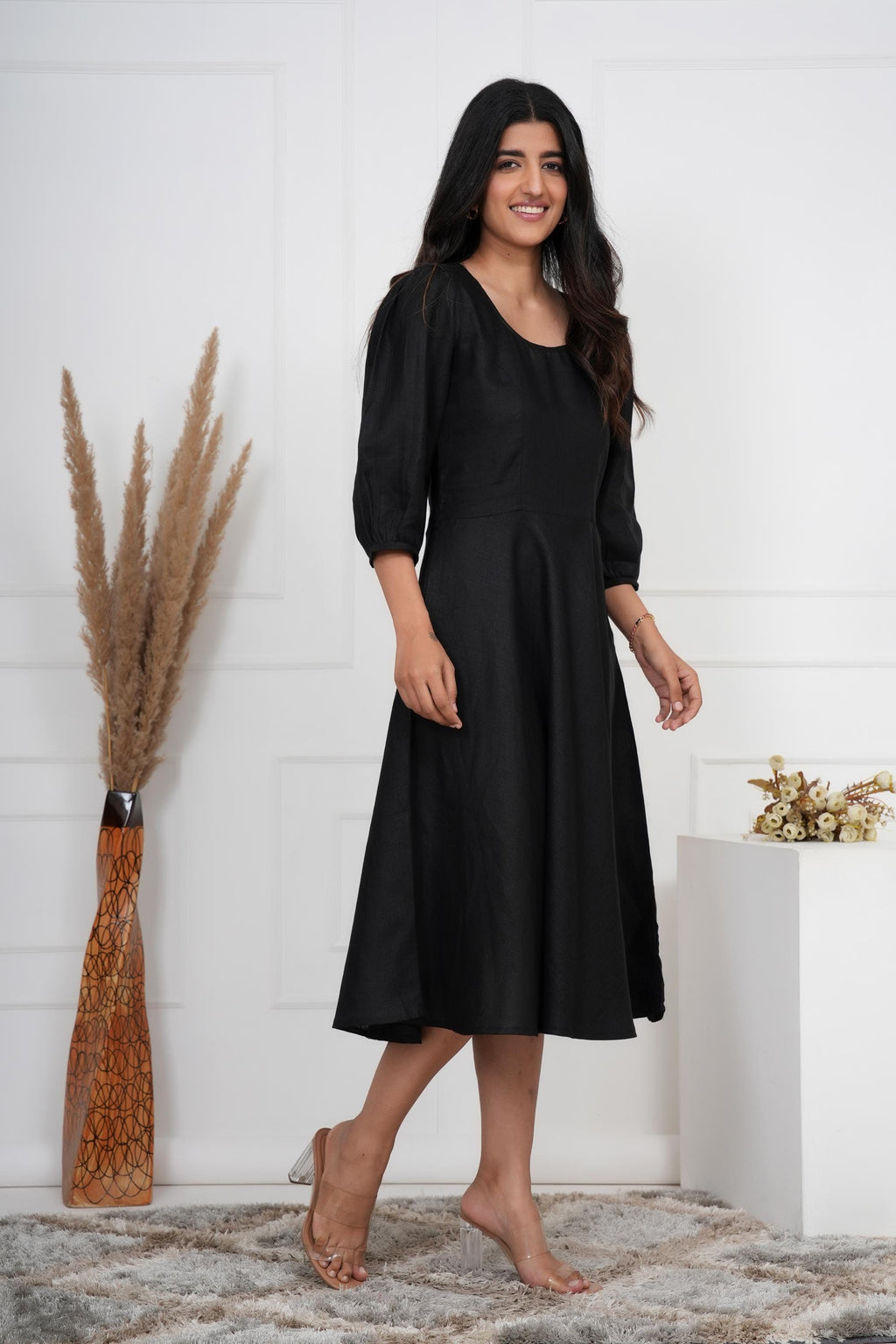 Black Linen Midi Dress, Breathable Summer Clothing, Minimalist, Boho Tunic, Hippie