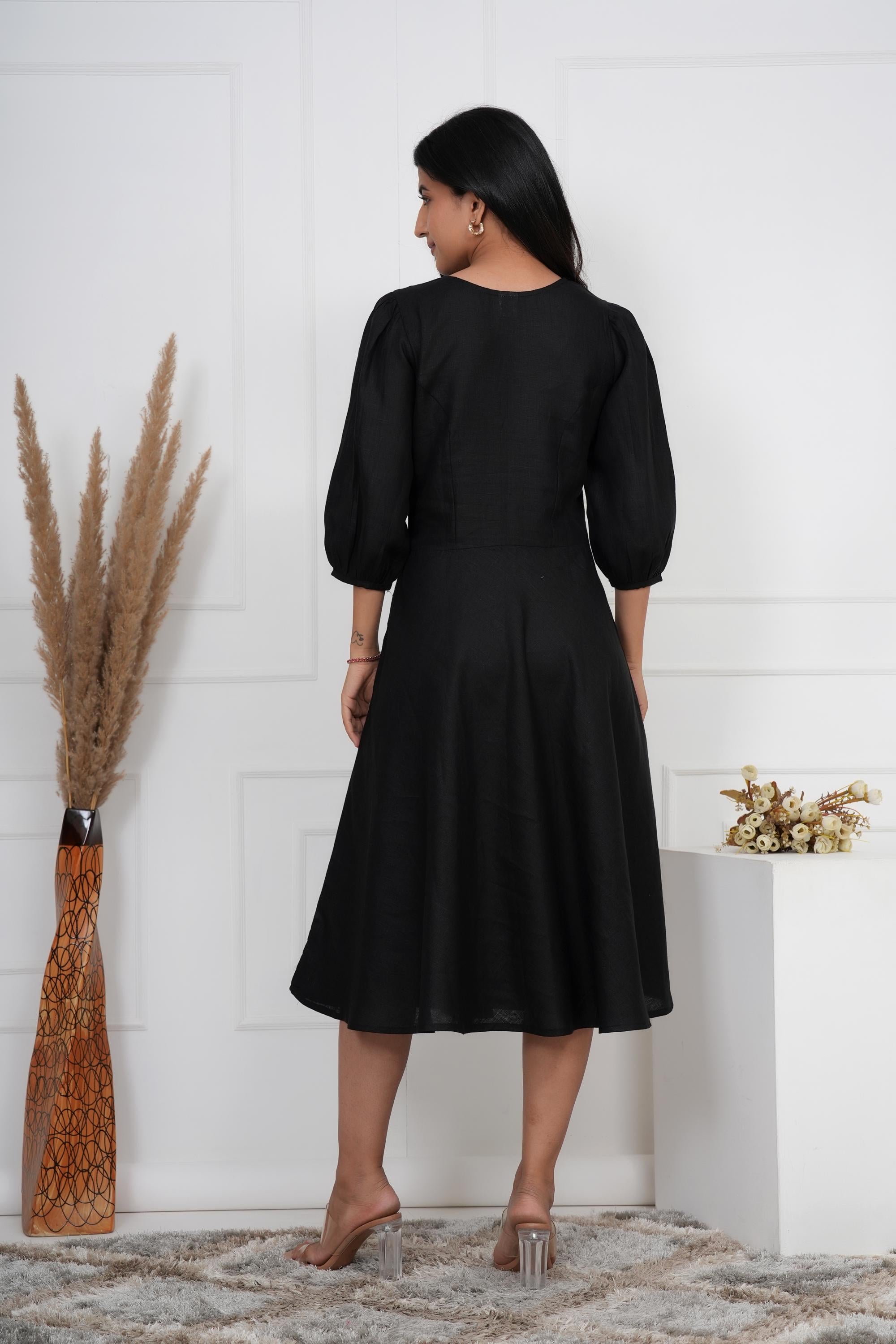 Black Linen Midi Dress, Breathable Summer Clothing, Minimalist, Boho Tunic, Hippie