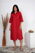 Brick Red Linen Button-Down Midi Dress