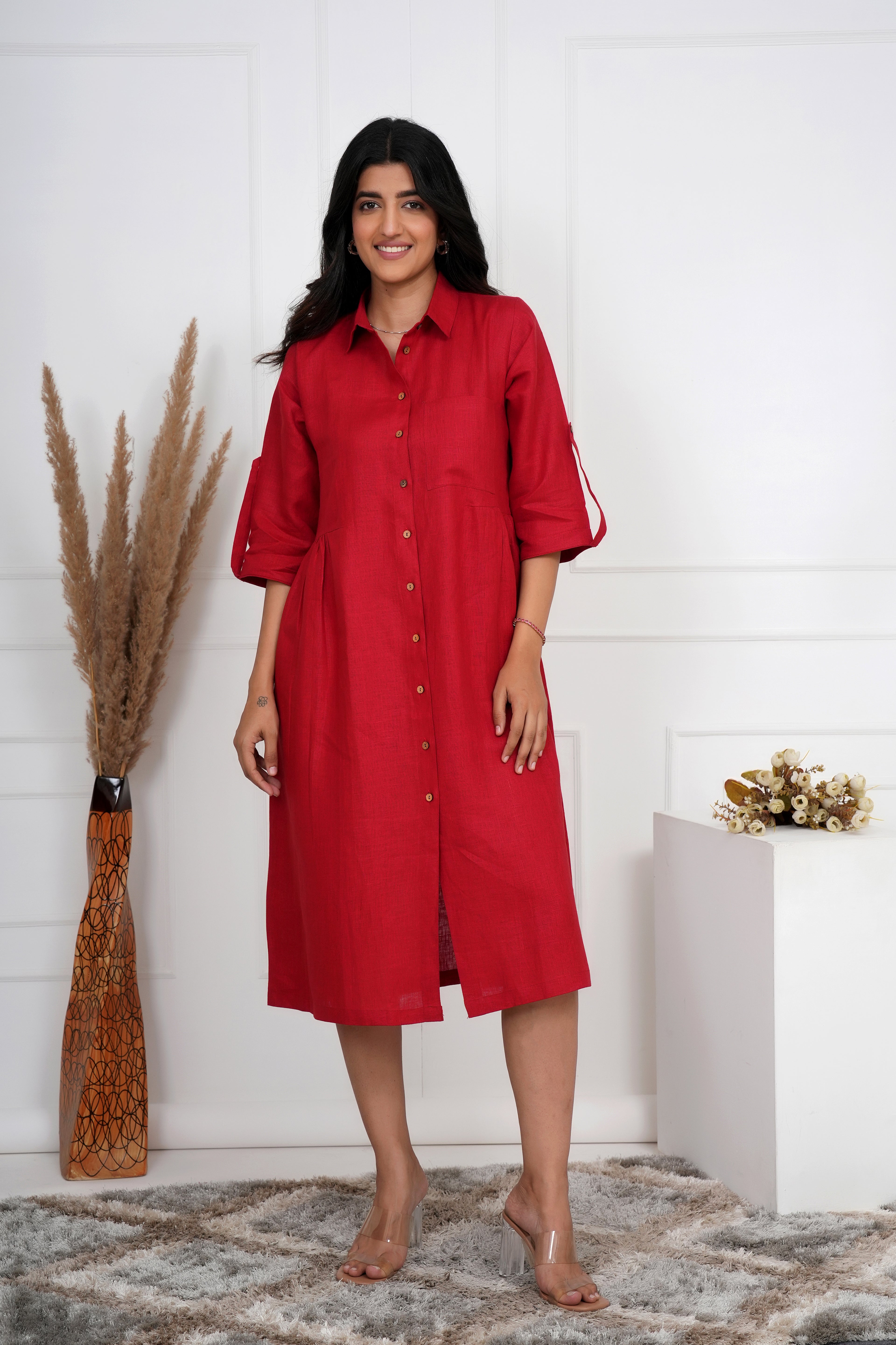 Brick Red Linen Button-Down Midi Dress