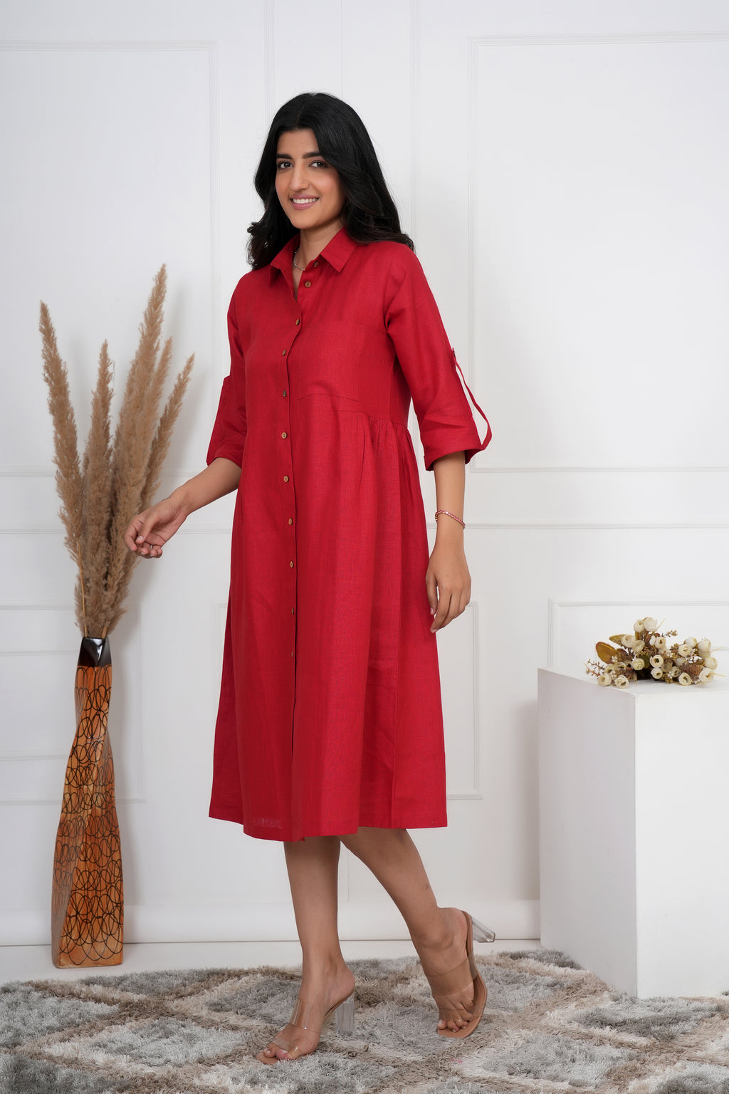 Brick Red Linen Button-Down Midi Dress