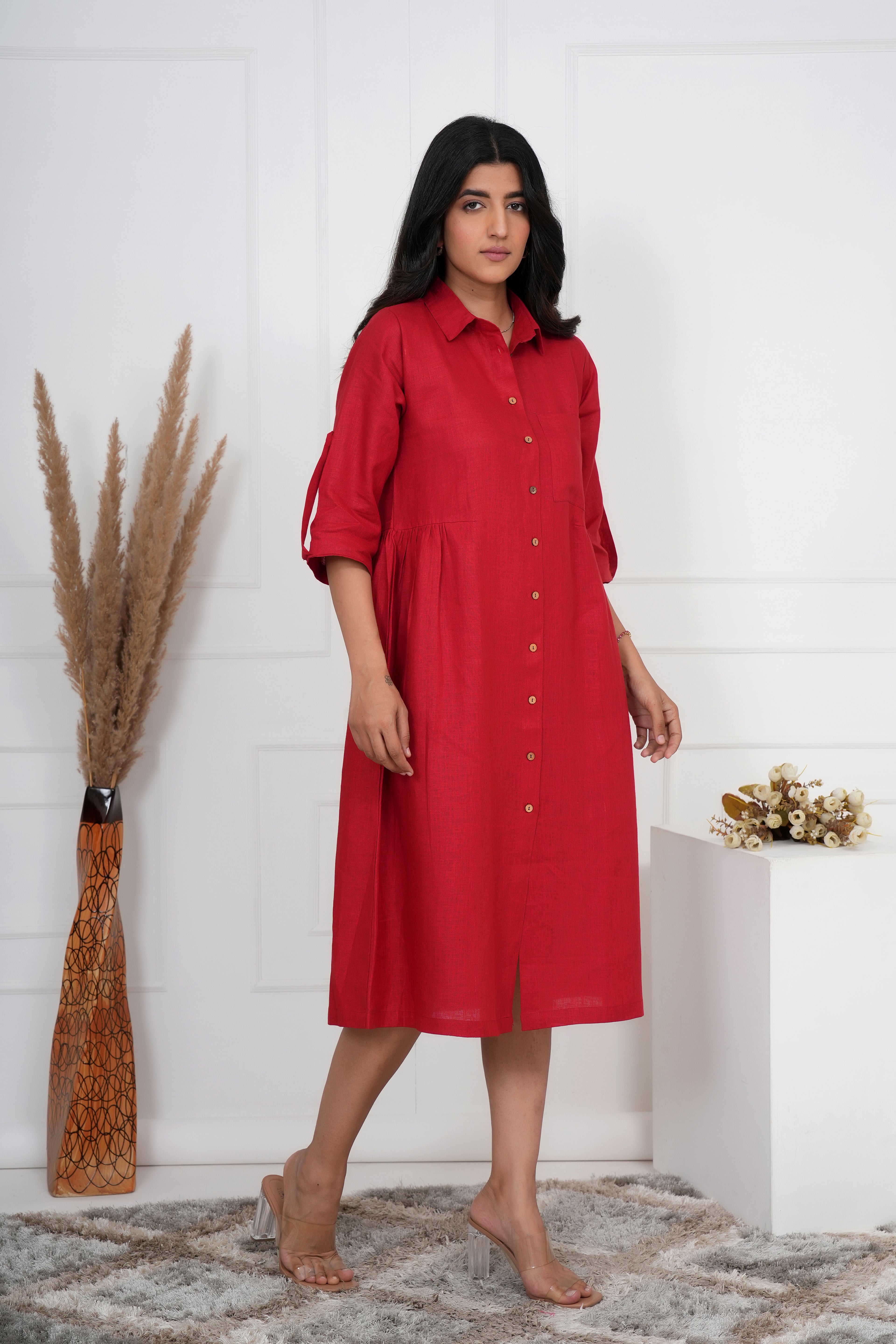 Brick Red Linen Button-Down Midi Dress