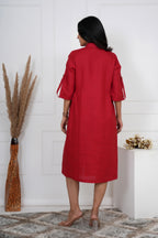Brick Red Linen Button-Down Midi Dress
