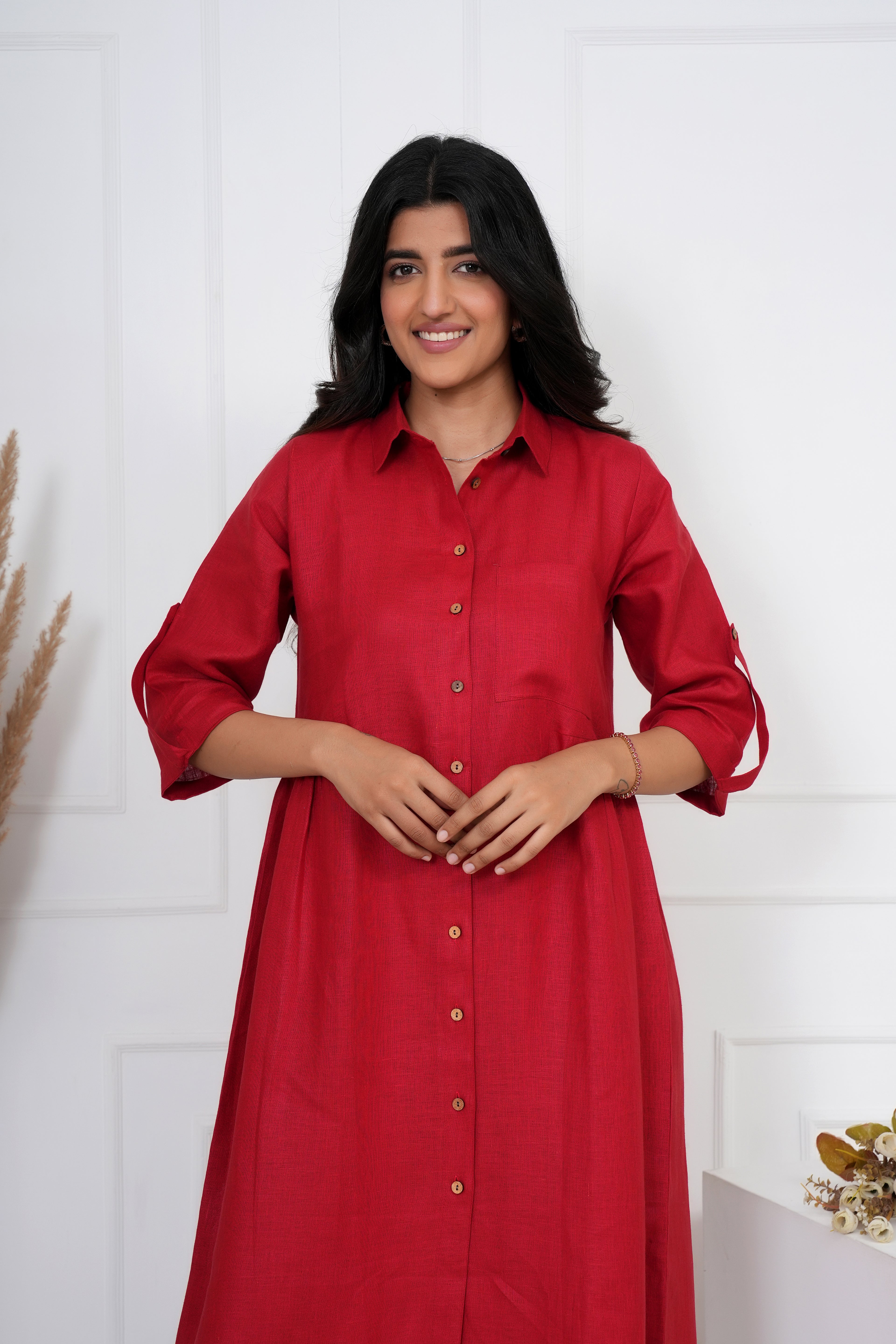 Brick Red Linen Button-Down Midi Dress