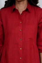 Brick Red Linen Button-Down Midi Dress