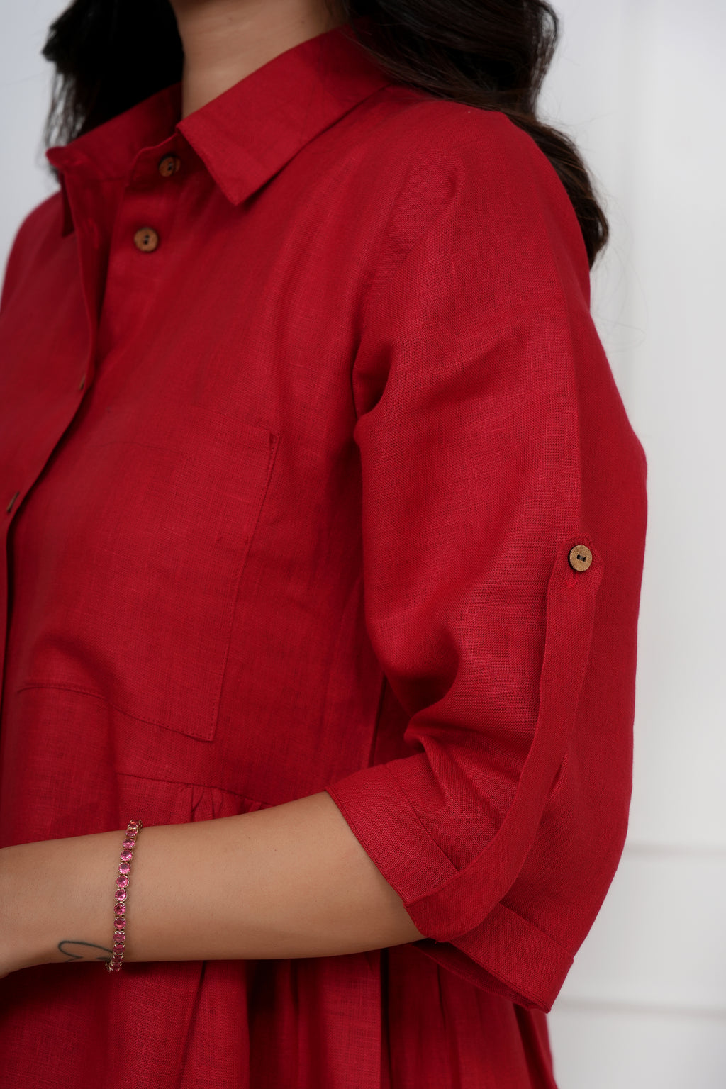 Brick Red Linen Button-Down Midi Dress