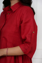 Brick Red Linen Button-Down Midi Dress