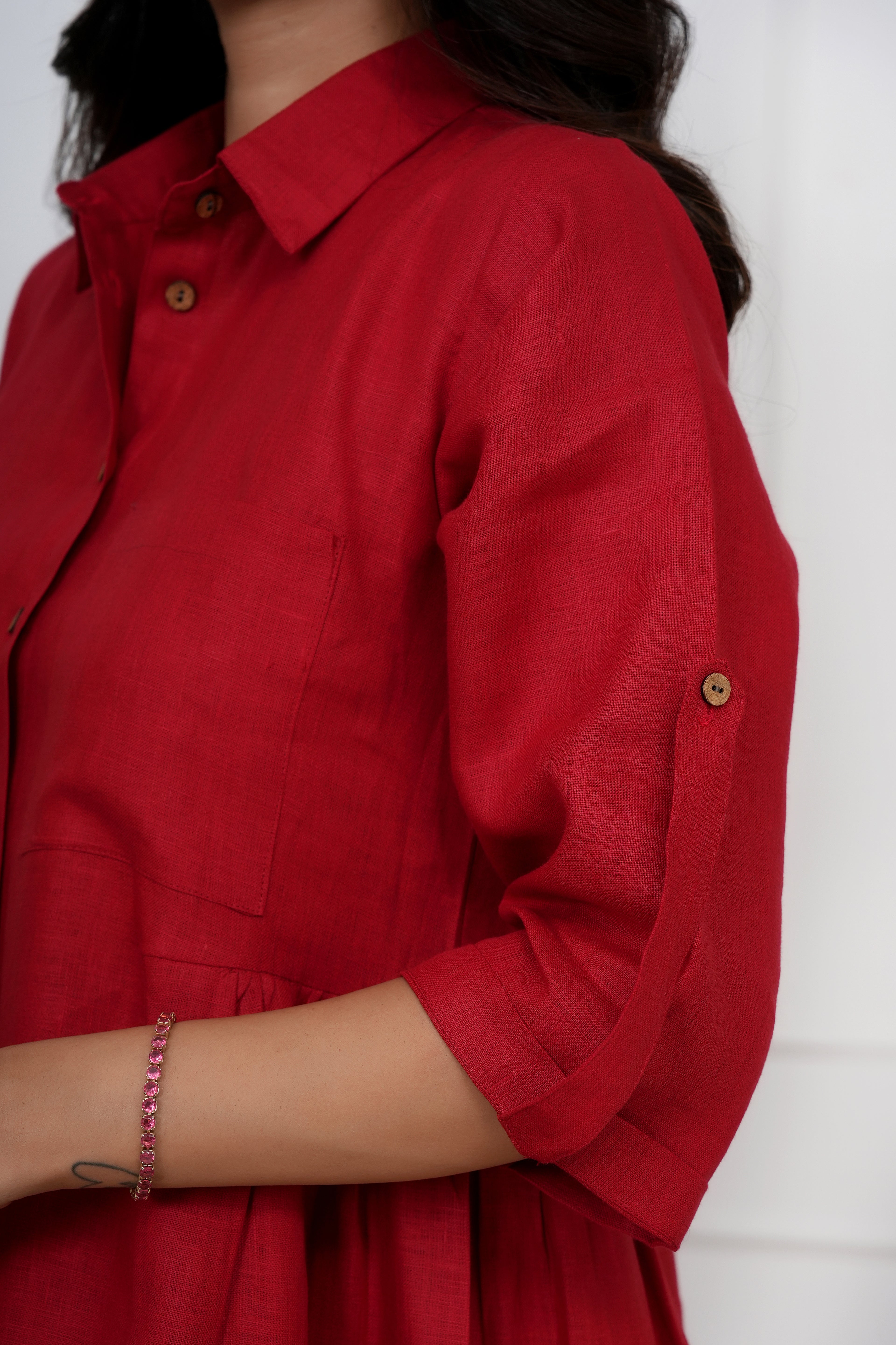 Brick Red Linen Button-Down Midi Dress