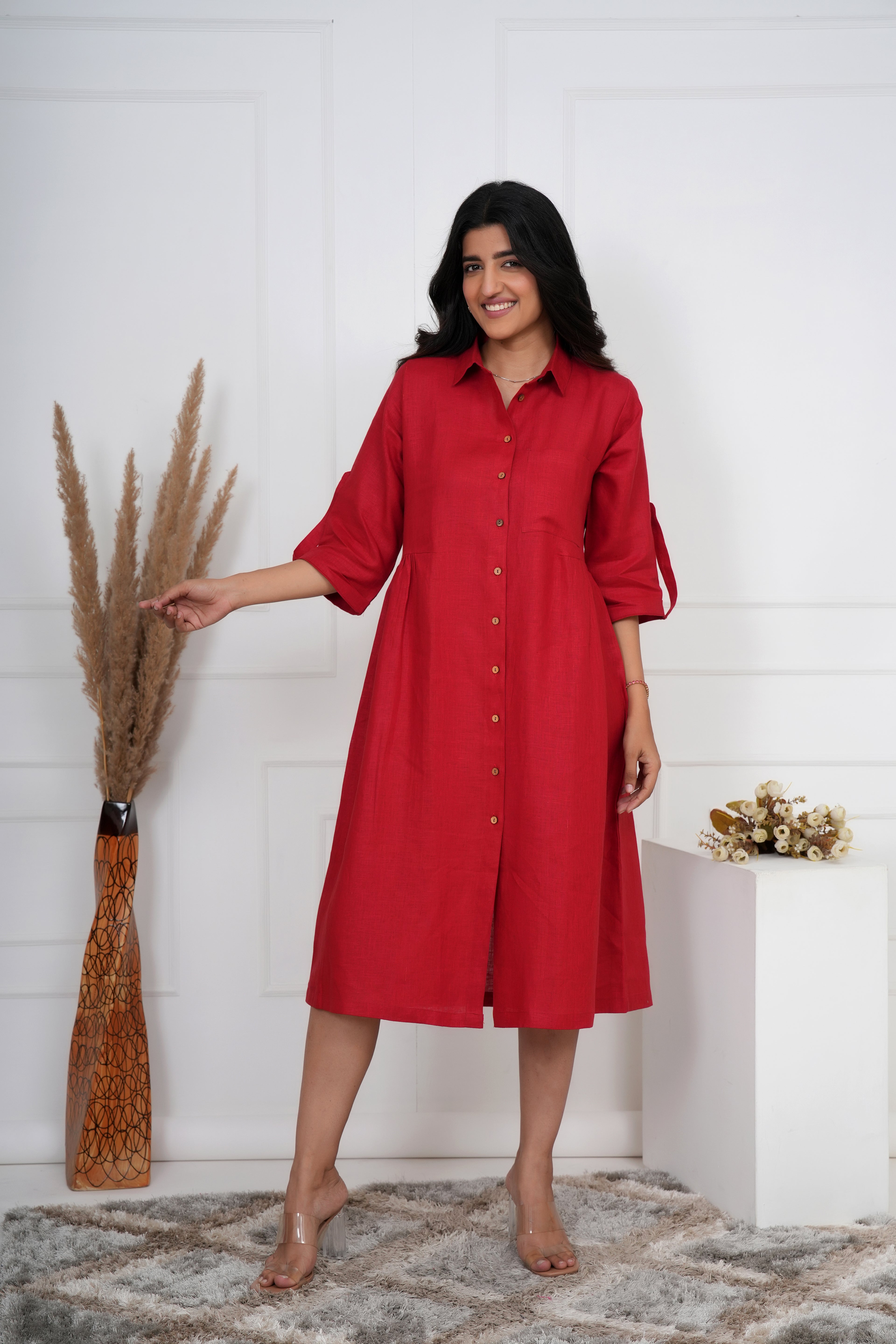 button down linen dress Brick Red Linen Button-Down Midi Dress – House of Linen Studio