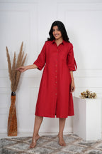 Brick Red Linen Button-Down Midi Dress