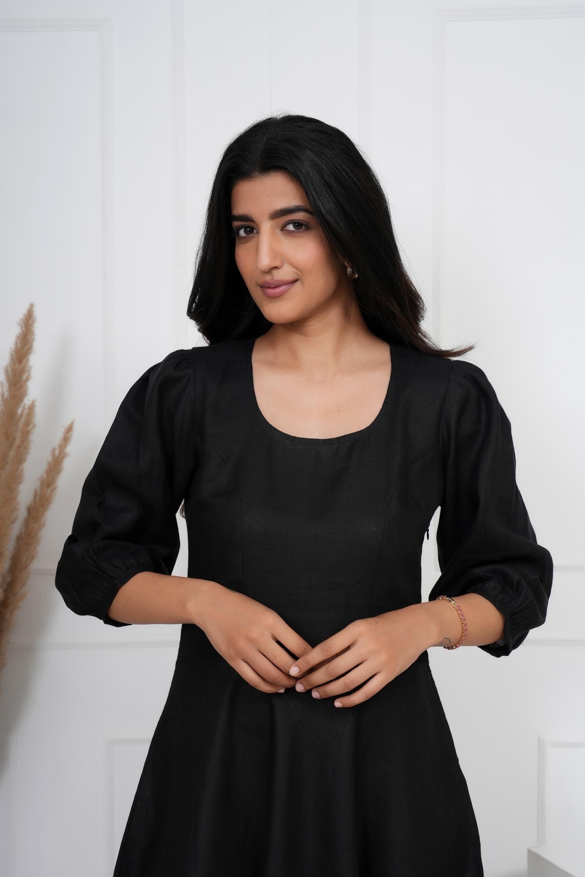 Black Linen Midi Dress, Breathable Summer Clothing, Minimalist, Boho Tunic, Hippie